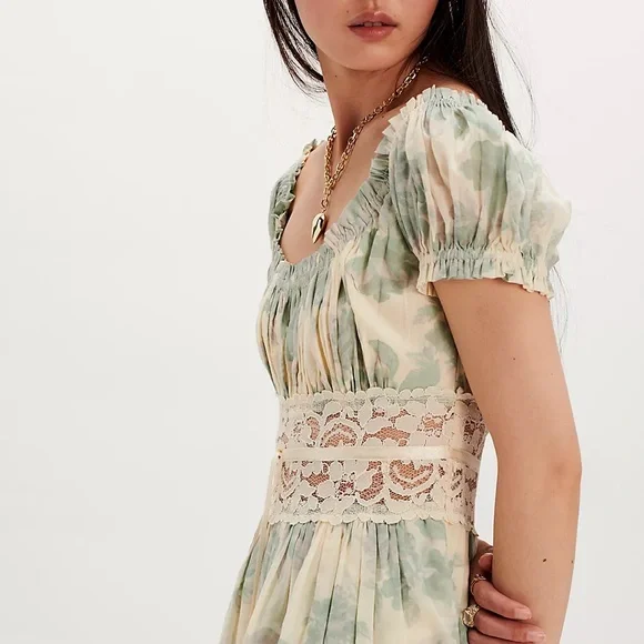Free People | Dresses | Free People Green And Cream Floral Dress | Poshmark